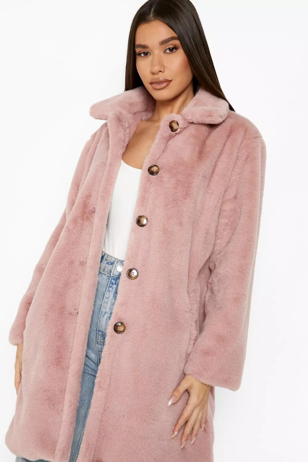 Boohoo pink fur clearance coat